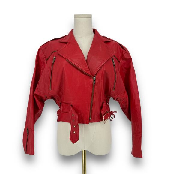 Vintage Cherry Red Leather Cropped Motorcycle Jacket Belt Size 38 - Picture 1 of 11